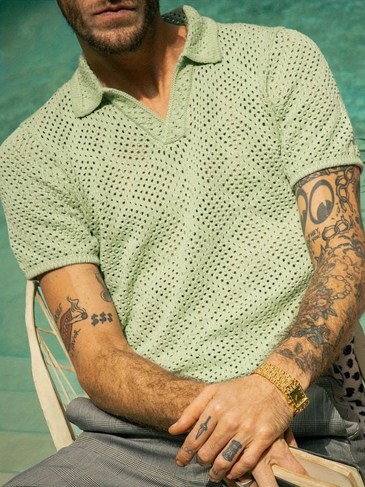 Premium quality men's knitted summer shirt in green, navy, and beige colours with a classic pullover design
