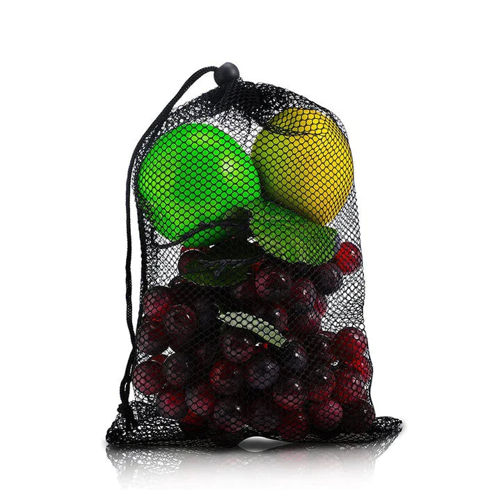 Multipurpose nylon mesh drawstring storage bag in two sizes for organising sports gear, laundry, and more