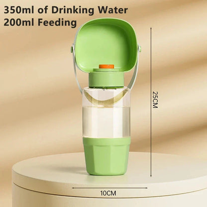 Portable pet water bottle and feeder with separate compartments for water and food, designed for easy hydration and feeding during outdoor adventures.