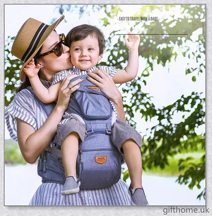 Ergonomic front-facing baby carrier with padded waist strap, lumbar support, and versatile wearing options for comfortable, secure travel with your little one.