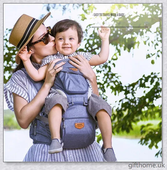 Ergonomic front-facing baby carrier with padded waist strap, lumbar support, and versatile wearing options for comfortable, secure travel with your little one.