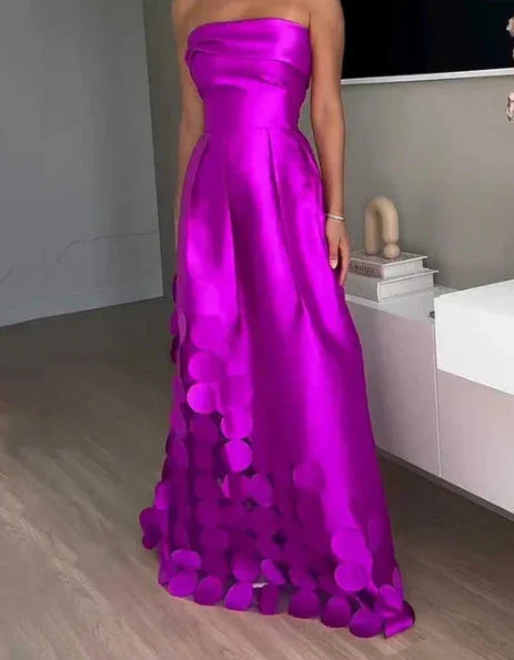 Elegant patchwork satin dress with sleek tube top, high-waist silhouette, and full-length swing skirt in vibrant rose red colour