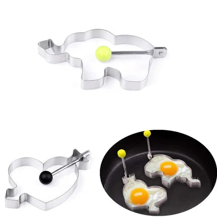 Premium stainless steel fried egg mould in various shapes including circle, flower, heart, and star