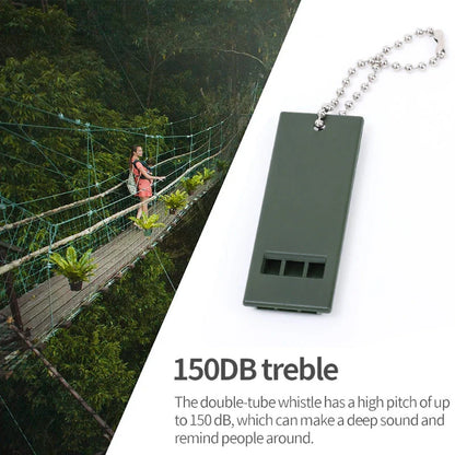 High-decibel outdoor survival whistle in dark green, made of durable polystyrene material for long-lasting use