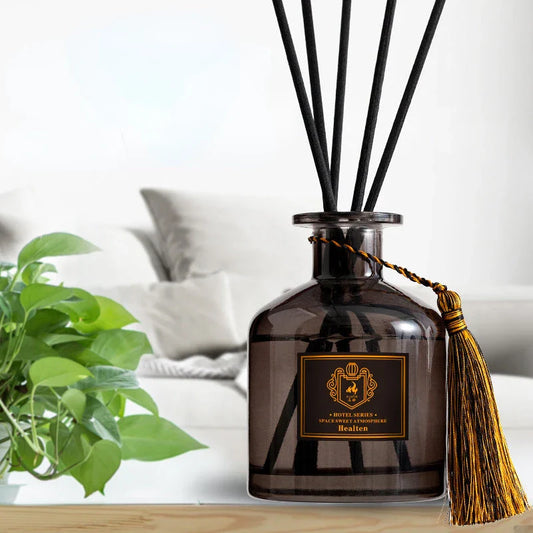 Elegant rattan aromatherapy diffuser with essential oils and fragrance, creating a calming and inviting atmosphere in a living space