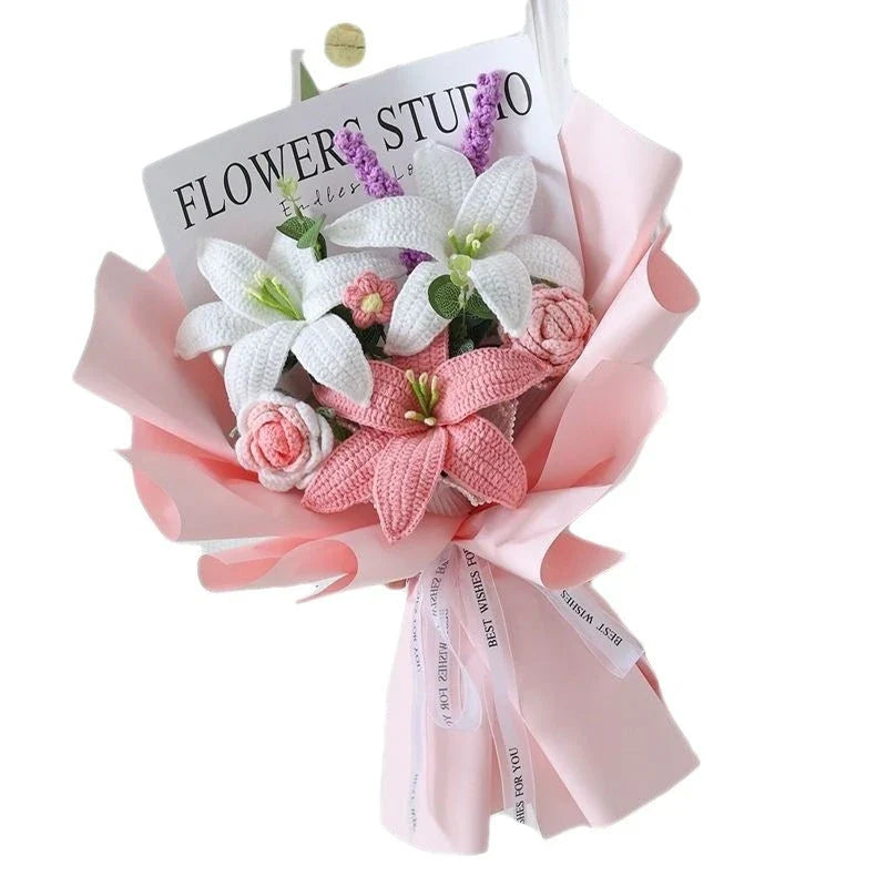Handmade bridal bouquet in elegant crochet and weave with a soft, gentle pink hue