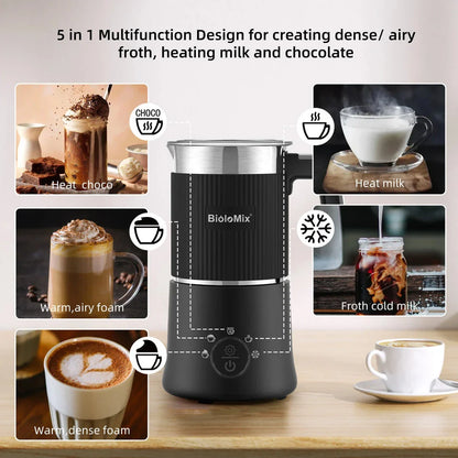 A stainless steel and black 5-in-1 automatic milk frother that can create hot, cold, and frothed milk for delicious coffee, latte, cappuccino, and hot chocolate drinks