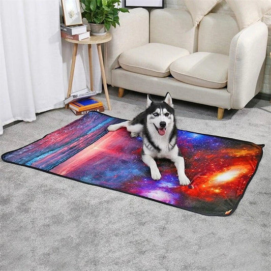 Galaxy-themed pet blanket in starry sky and rich dog colours, available in small, medium, and large sizes