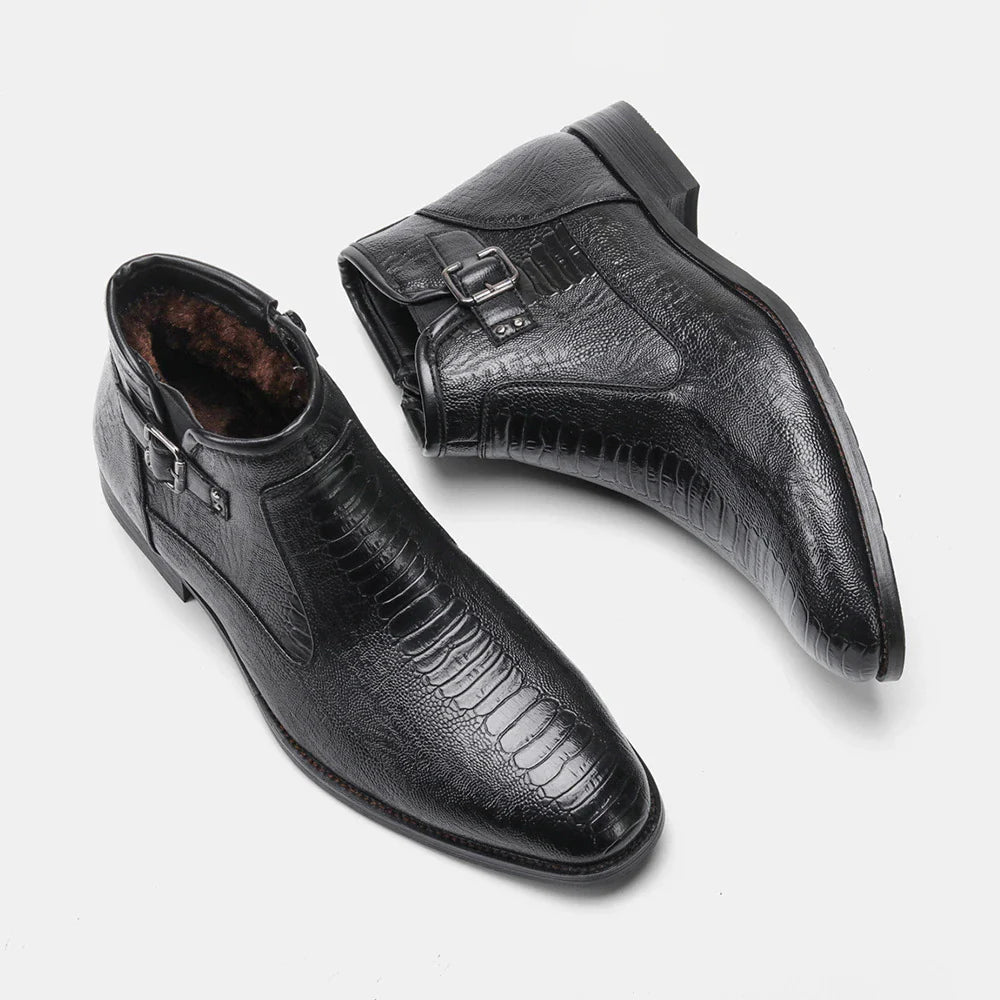 Premium men's formal Chelsea boots in brown, featuring a round toe, low wedge heel, and side zipper closure for a polished, office-ready look