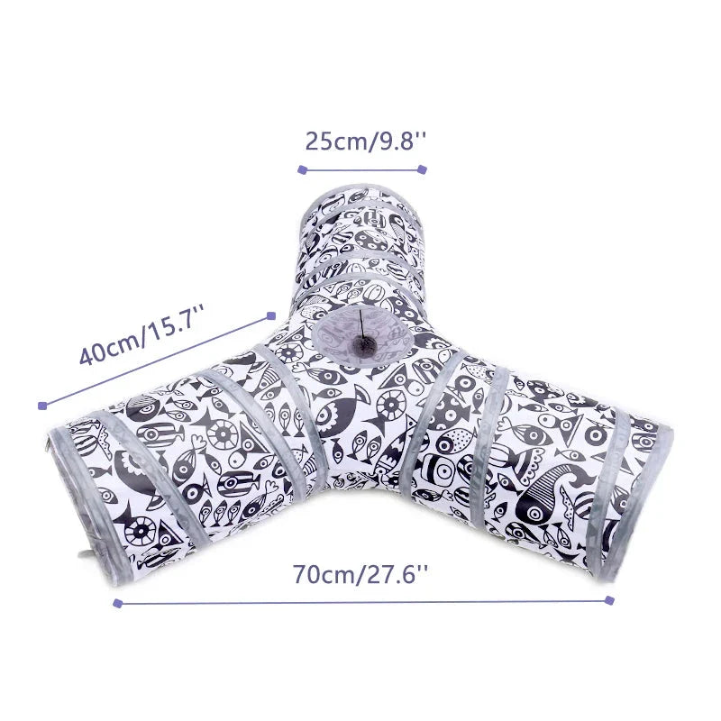 Foldable interactive pet tunnel made of durable polyester in black and white, designed for cats, rabbits, and other small animals to explore and play