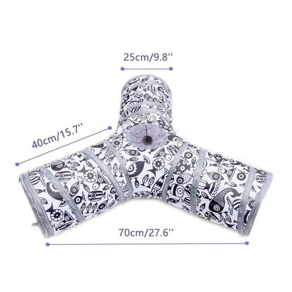 Foldable interactive pet tunnel made of durable polyester in black and white, designed for cats, rabbits, and other small animals to explore and play