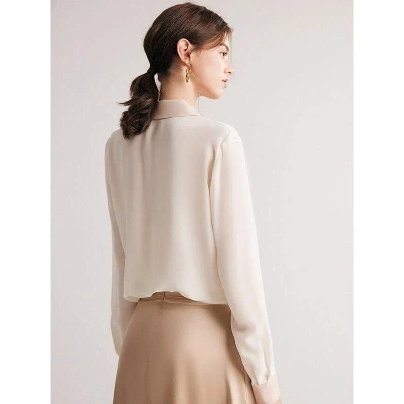 Refined Mulberry Silk Crepe de Chine Blouse in White, Ivory, Navy, and Black colours, featuring elegant patchwork design and turn-down collar for versatile office and casual wear.