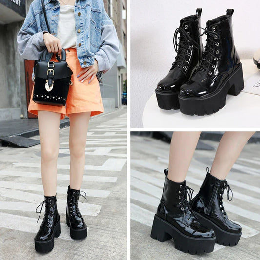 Premium lace-up high heel ankle boots in black, featuring a secure closure, supportive heel, and sleek, sophisticated silhouette.