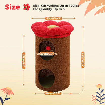 Luxurious double-decker cat bed with charming flower-shaped perch and interactive toy, made with soft corduroy fabric for maximum comfort.
