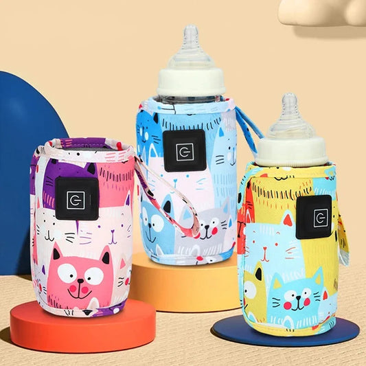Portable USB Baby Bottle Warmer and Insulated Bag in purple, with a USB charging cable and temperature control settings