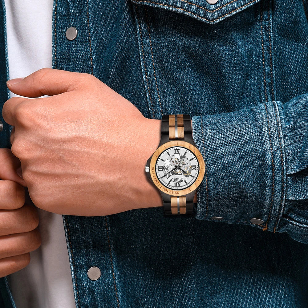 Premium handcrafted wooden automatic watch with intricate mechanical movement and natural wood strap