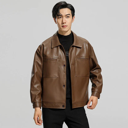 Handsome men's leather motorcycle jacket with lapel collar, dimensional pockets, and durable PU leather construction