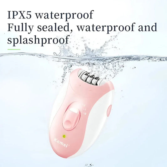 Cordless rechargeable women's epilator with pink body, designed for smooth and effortless hair removal on the face, legs, bikini area, underarms and arms
