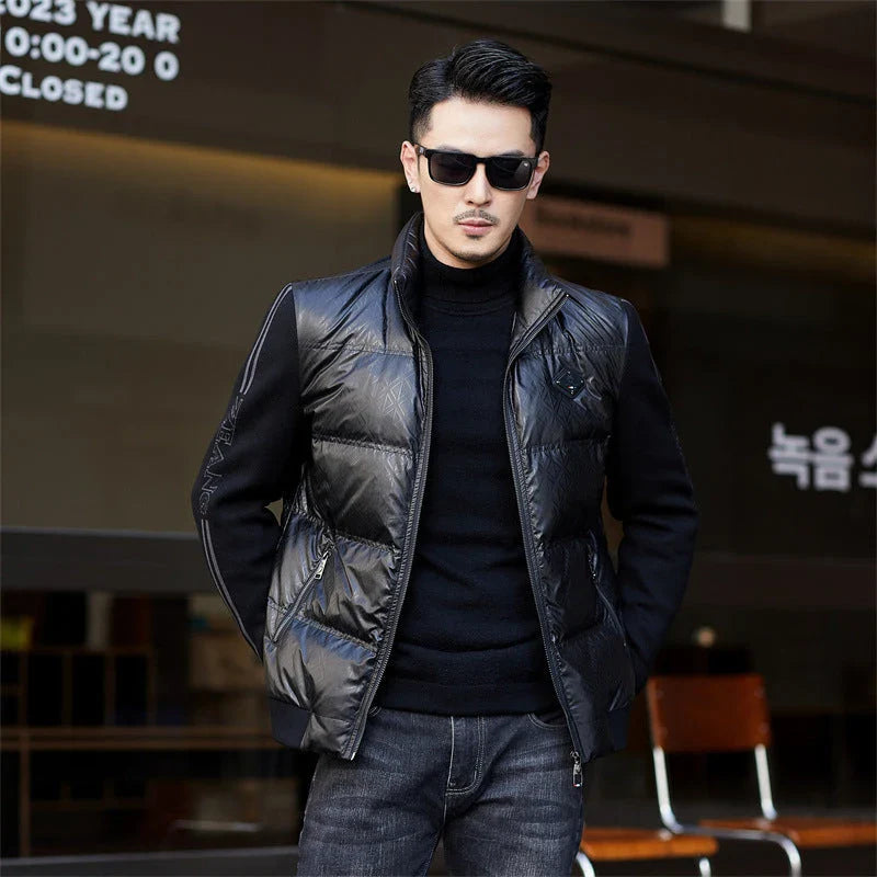 Warm and weatherproof men's down jacket with stand collar and knitted sleeves, made from premium polyester fibre and filled with luxurious duck down