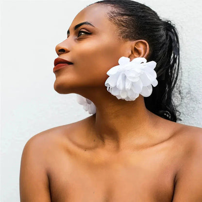 Exquisite fluffy fabric flower stud earrings in a black metal colour, featuring oversized fabric blooms for a unique and elegant design.