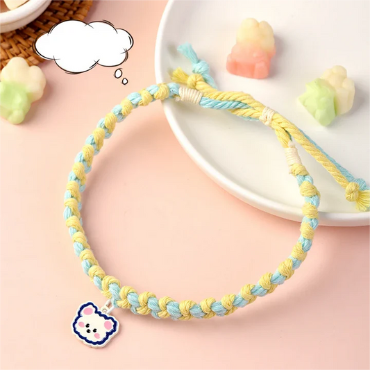 Adjustable Cute Pet Collar with Soft Cotton Rope and Adorable Bear Pendant