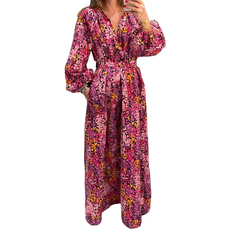Elegant floral printed midi dress with long sleeves, perfect for UK fashion and style
