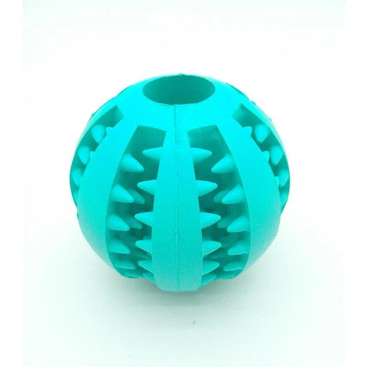 Premium natural rubber interactive ball for dogs in various colours, designed to provide mental stimulation and physical exercise.