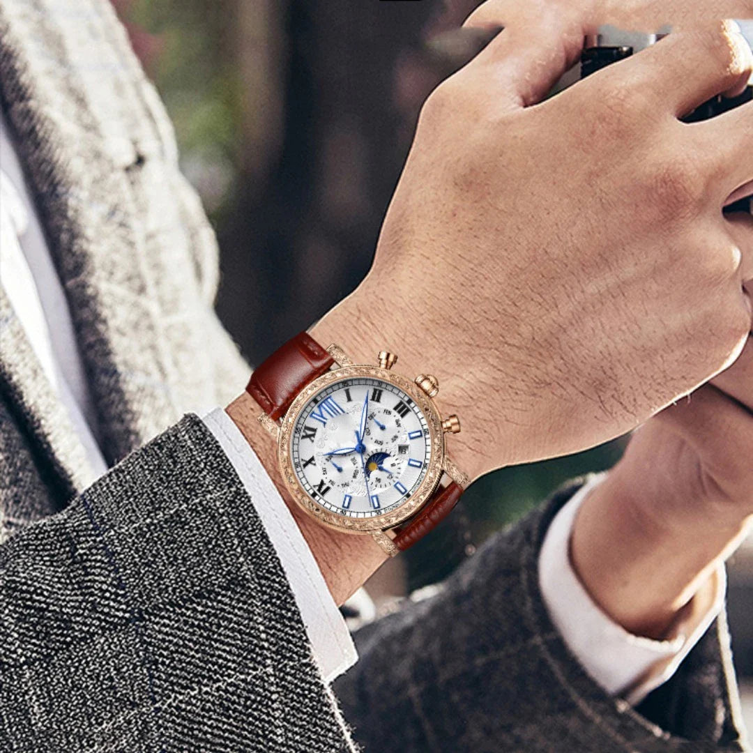 Luxury automatic mechanical watch with night glow, lunar phase indicator, and genuine leather strap