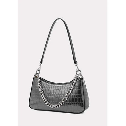 Luxurious alligator-embossed leather shoulder bag with chain accent and stylish lock embellishment