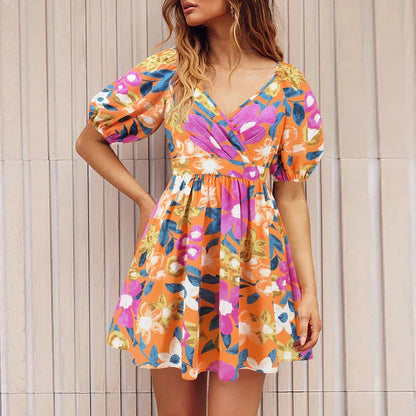 Stylish lantern-sleeve v-neck beach dress in vibrant summer colours, featuring a flattering fit and comfortable stretch fabric