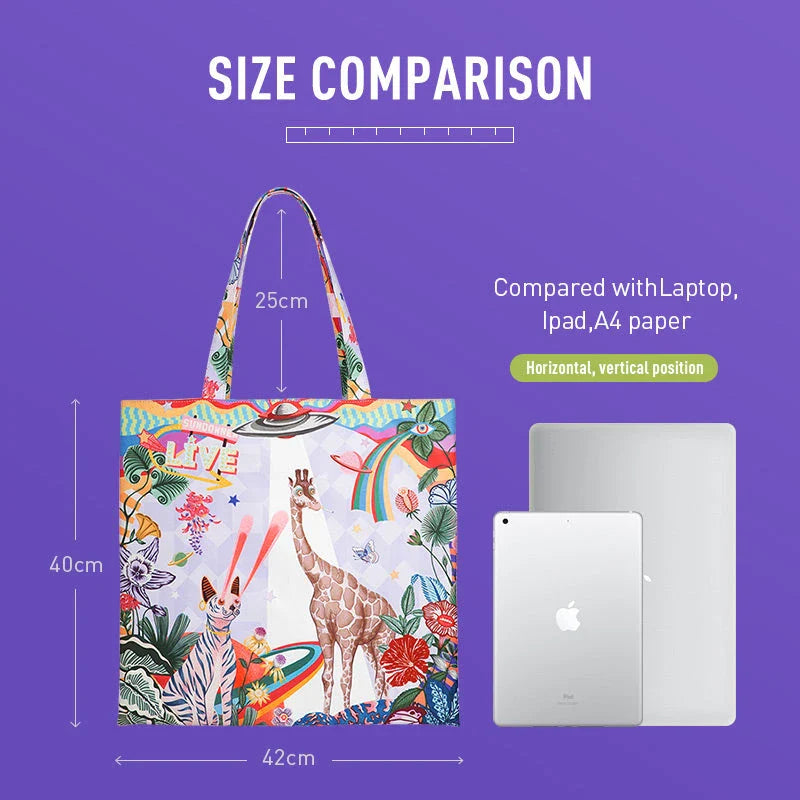 Fashionable casual tote bag with animal print and cartoon designs, made of durable polyester for everyday use