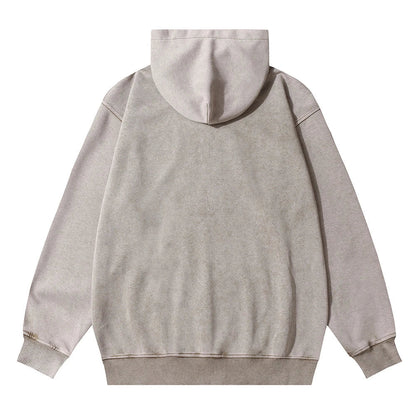 Embroidered cotton hoodie with a letter patch design, available in brown, grey, and black colours and sizes S to XL