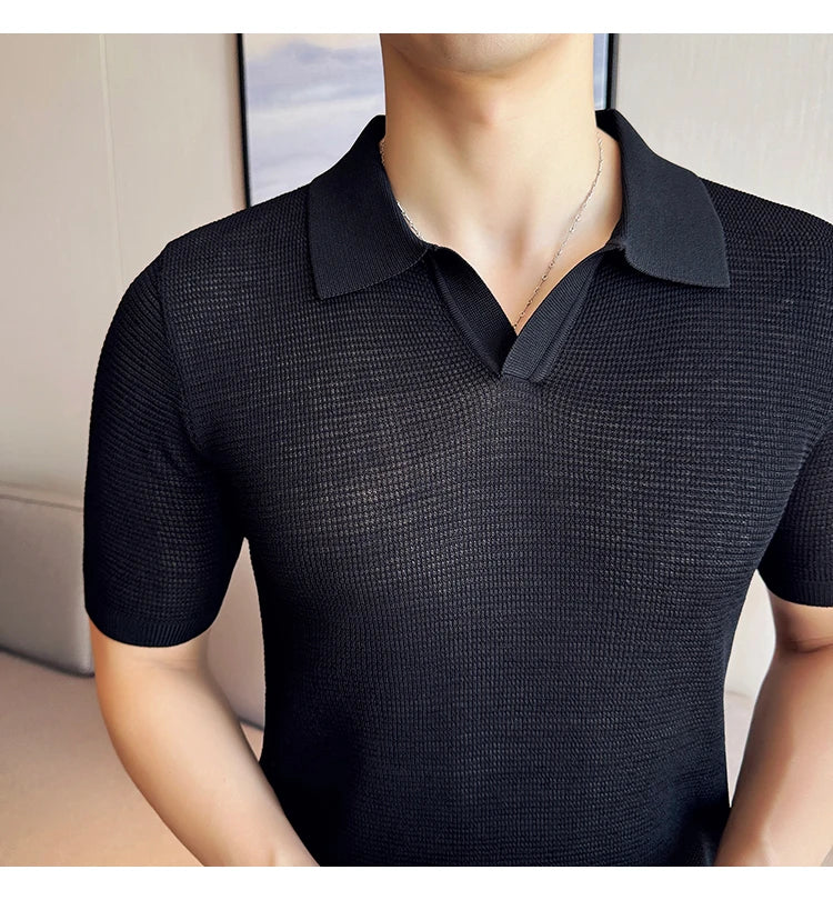 A premium cotton blend polo shirt in classic colours, featuring a v-neck lapel collar and slim fit design for a sophisticated casual look.