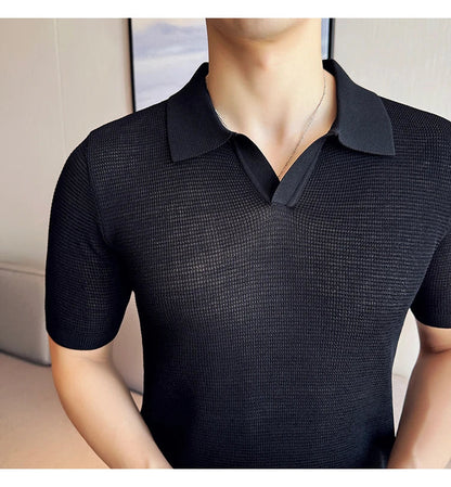 A premium cotton blend polo shirt in classic colours, featuring a v-neck lapel collar and slim fit design for a sophisticated casual look.