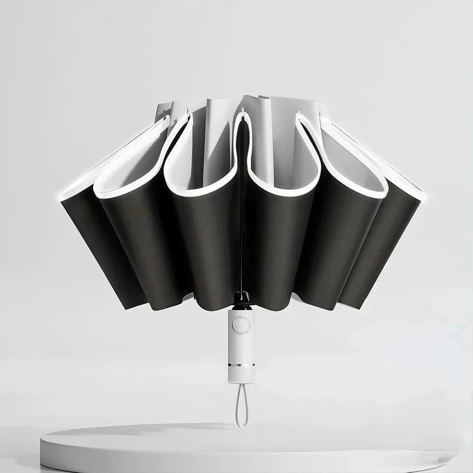Premium auto-open reverse folding umbrella with reflective safety strip for all-weather protection