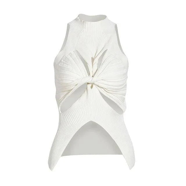Elegant and versatile knitted sleeveless tank top with a unique hollow-out design, perfect for chic British style