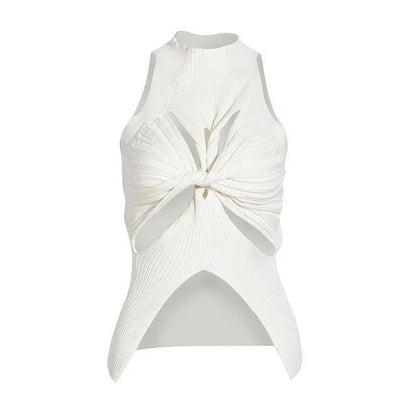 Elegant and versatile knitted sleeveless tank top with a unique hollow-out design, perfect for chic British style