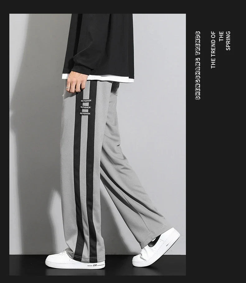 Comfortable striped straight-leg casual trousers in various colours and sizes