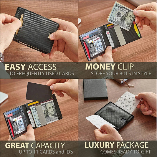 Premium British leather wallet with carbon fibre accents, featuring multiple card slots for organised storage of essentials