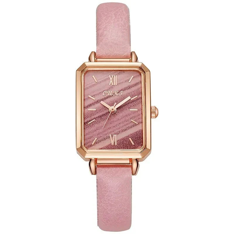 Refined square dial ladies watch with genuine leather strap, minimalist design, and durable aluminium alloy case