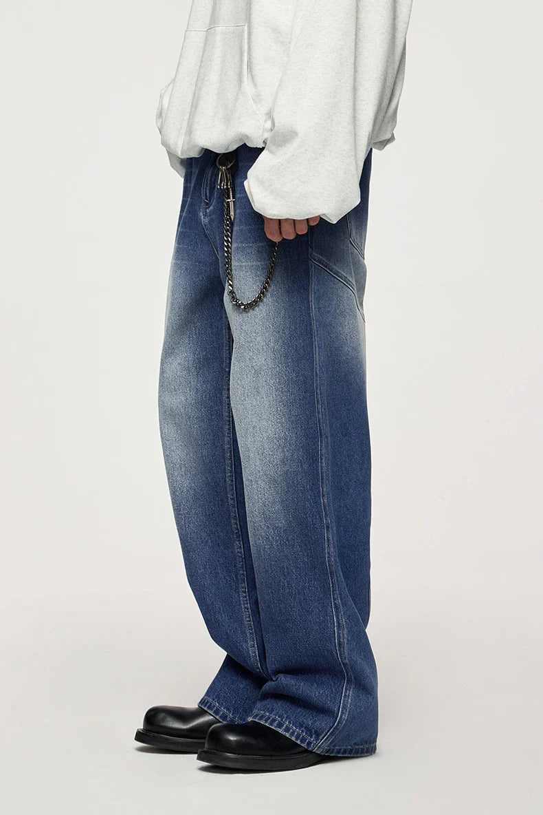 Men's Washed Blue 3D Cut Wide Leg Jeans with micro-elasticity and relaxed straight-leg fit