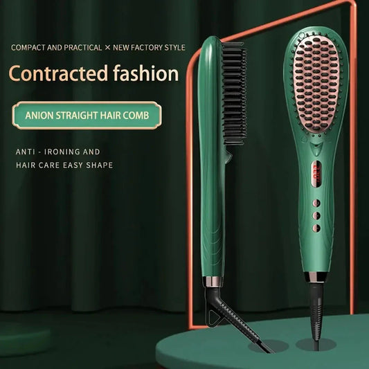 Premium Hair Straightening and Curling Brush with adjustable temperature, anti-scald technology, and anion function for frizz control