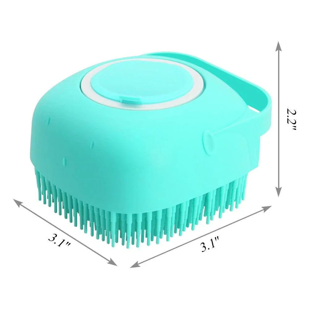 A yellow dog bath brush with a built-in shampoo dispenser and soft silicone bristles for a relaxing, spa-like bathing experience.