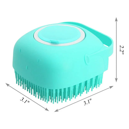 A yellow dog bath brush with a built-in shampoo dispenser and soft silicone bristles for a relaxing, spa-like bathing experience.