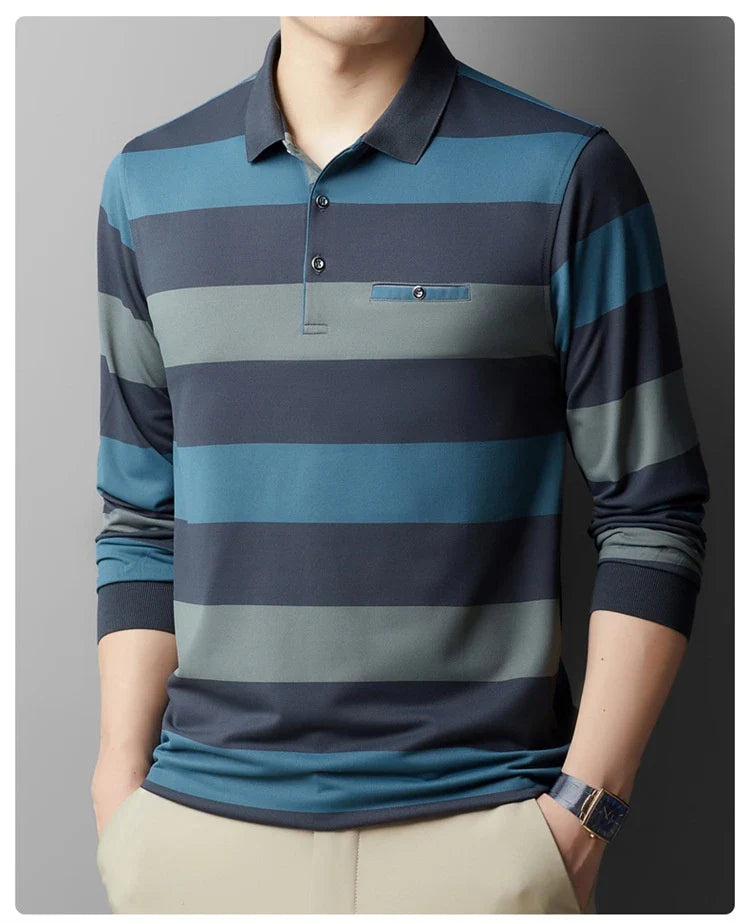 Premium Striped Long Sleeve Polo Shirt in Gray for Gentlemen - Soft, Breathable Fabric, Colour-Block Design, Versatile Casual-to-Smart Styling