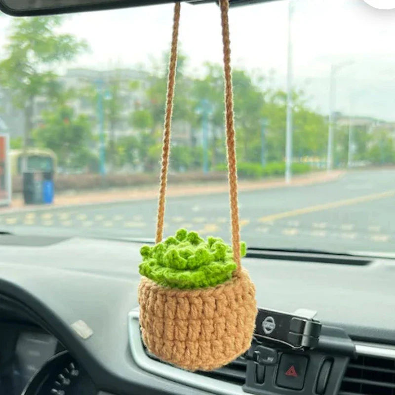 Charming knitted car plant decor with hanging white rope and green and white colour scheme
