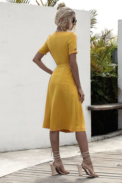 Stylish lace-up button dress in a soft, breathable cotton-blend fabric with a flattering middle waist silhouette