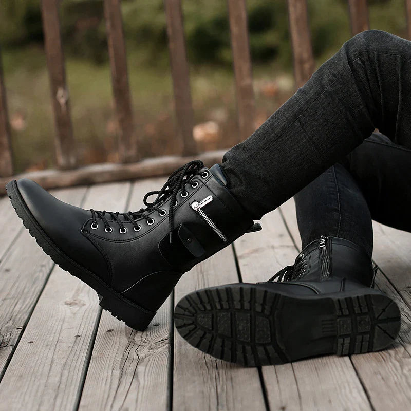 Premium mid-calf fleece-lined Martin boots for men, featuring a sleek square heel design and classic car stitch pattern in a durable black colour
