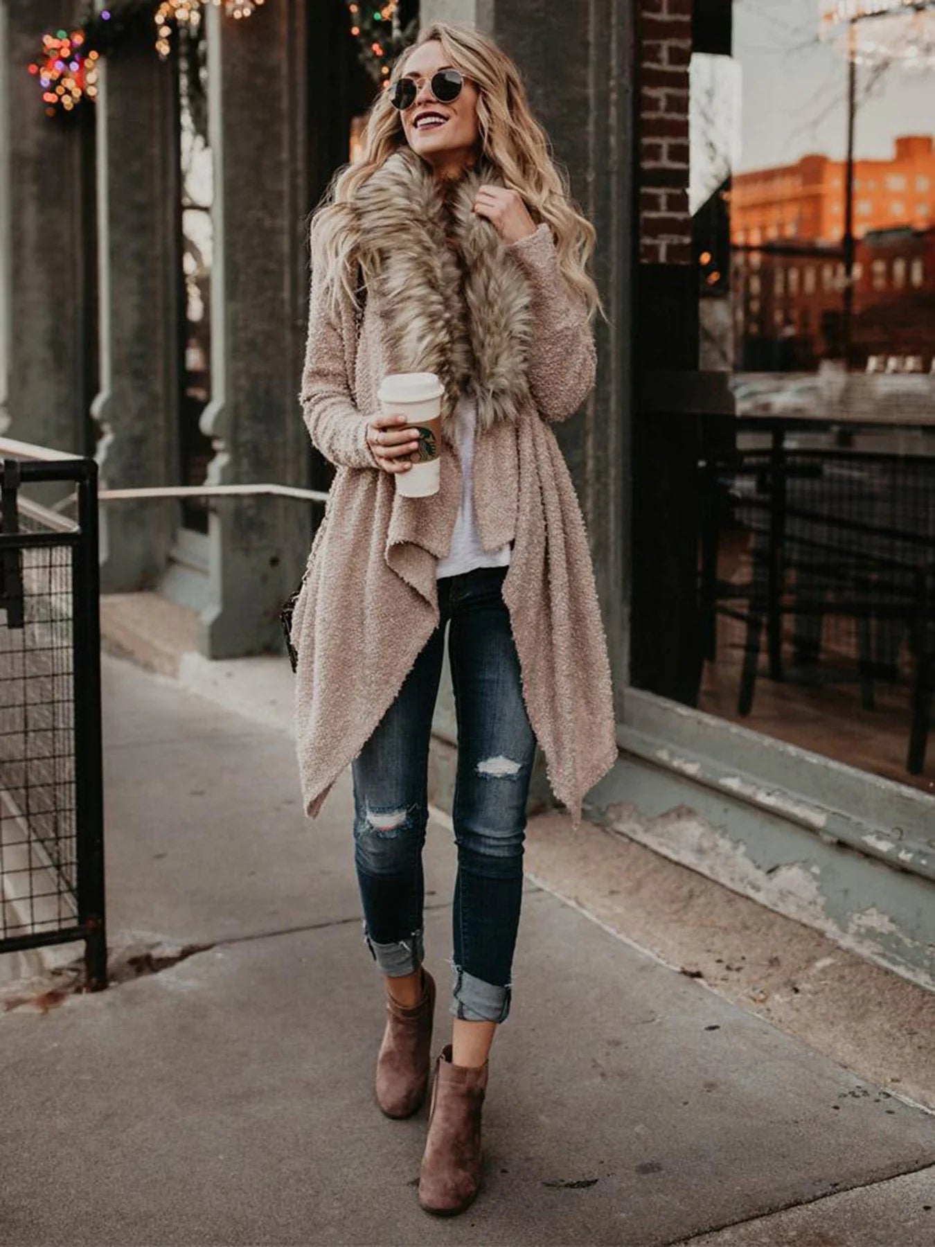 Premium plush trench coat with luxurious fur collar in khaki colour, perfect for transitional British weather