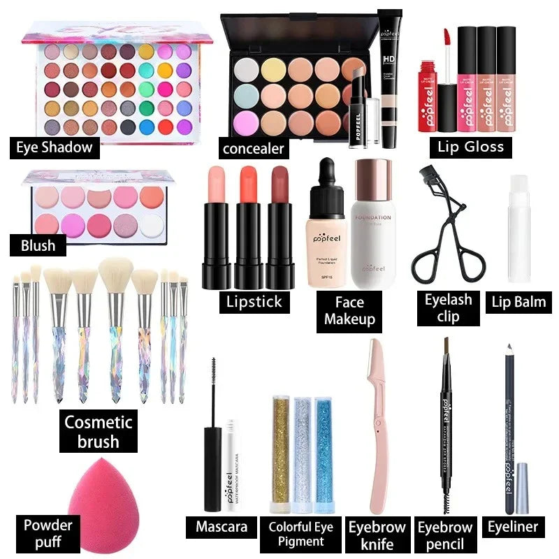 Premium makeup essentials set for novice beauty enthusiasts, including foundation, eyeshadow, lipstick, and other cosmetic products in natural, neutral shades